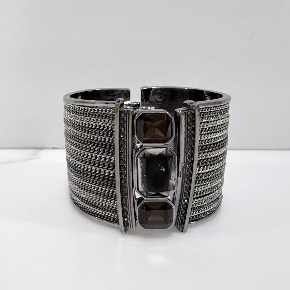 Gunmetal-tone Statement Cuff Chain Bracelet Black Onyx-style Stones Y2K Rocker